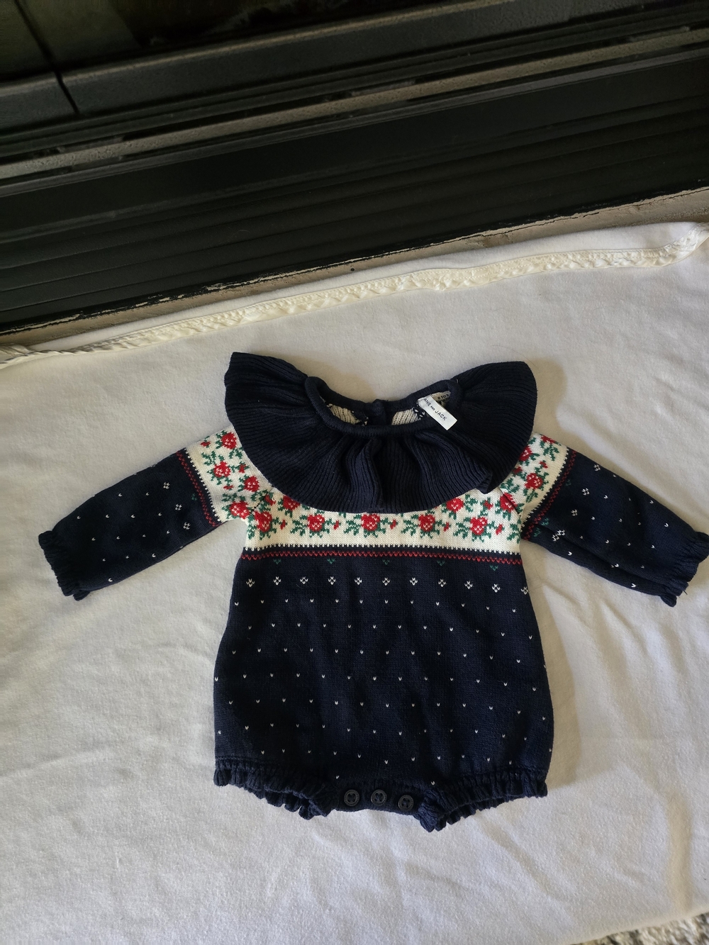 Janie and Jack Navy Knit Floral Yoke Romper with Ruffle Collar